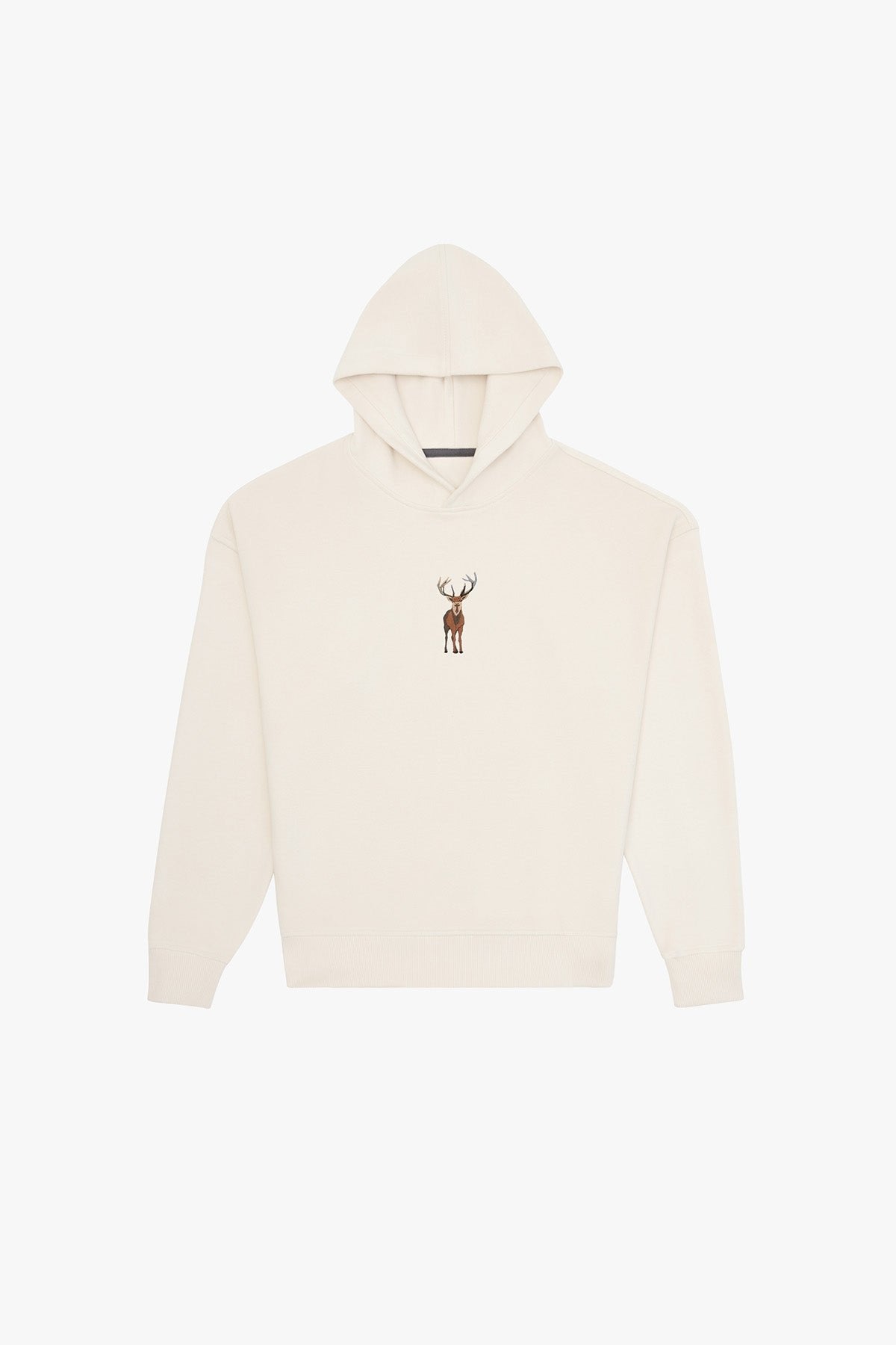 3. Studio image of cream Sossu Deer Hoodie with embroidered deer, shown flat