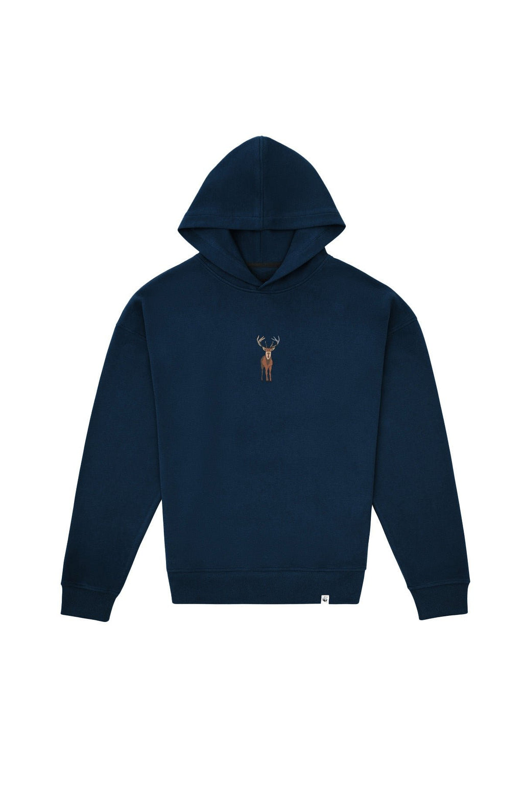 5. Studio shot of unisex Deer Hoodie in Indigo Blue, showing front design and hood