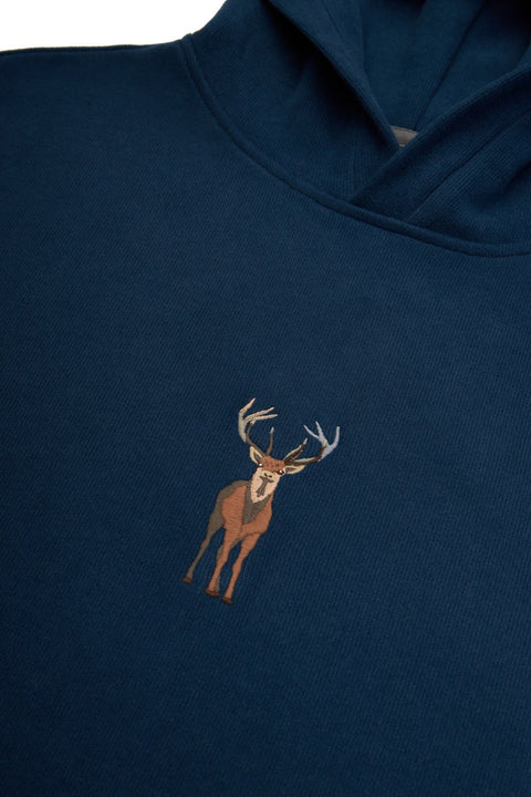 3. Close-up of embroidered deer design on Indigo Blue Sossu hoodie