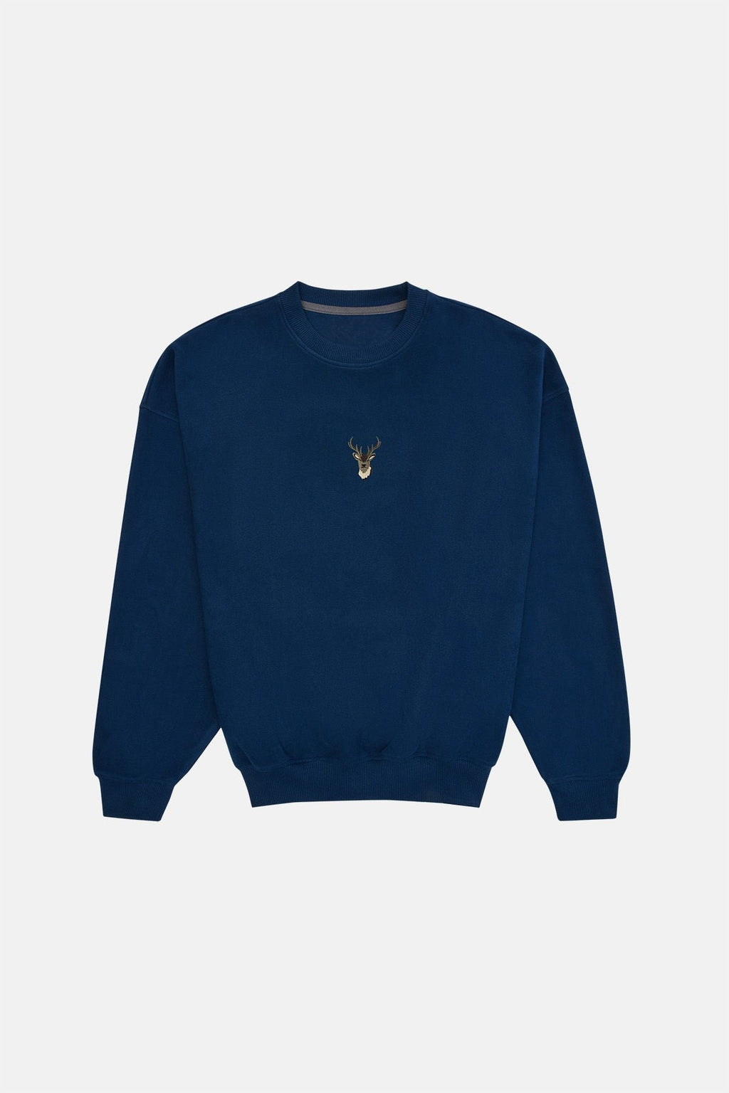 3. Studio image of unisex indigo blue Deer Sweatshirt by Sossu, showing front view and embroidered deer