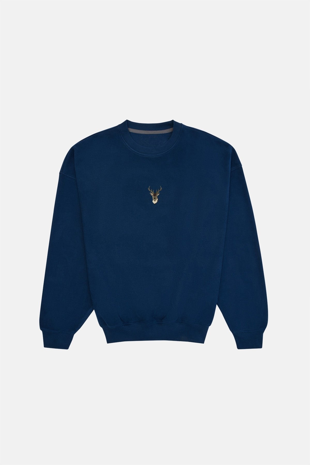 3. Studio image of unisex indigo blue Deer Sweatshirt by Sossu, showing front view and embroidered deer
