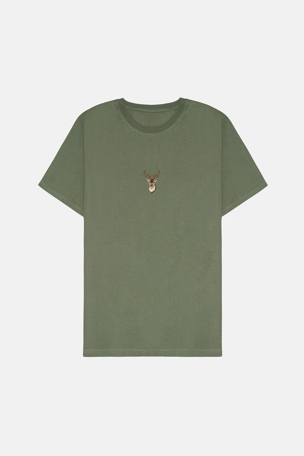 2. Studio image of unisex khaki Deer T-shirt by Sossu, highlighting embroidered deer design on chest