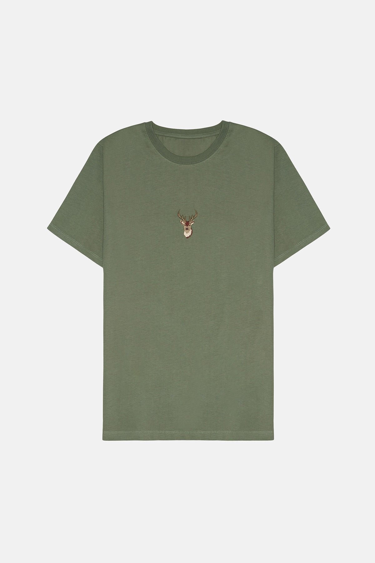 2. Studio image of unisex khaki Deer T-shirt by Sossu, highlighting embroidered deer design on chest