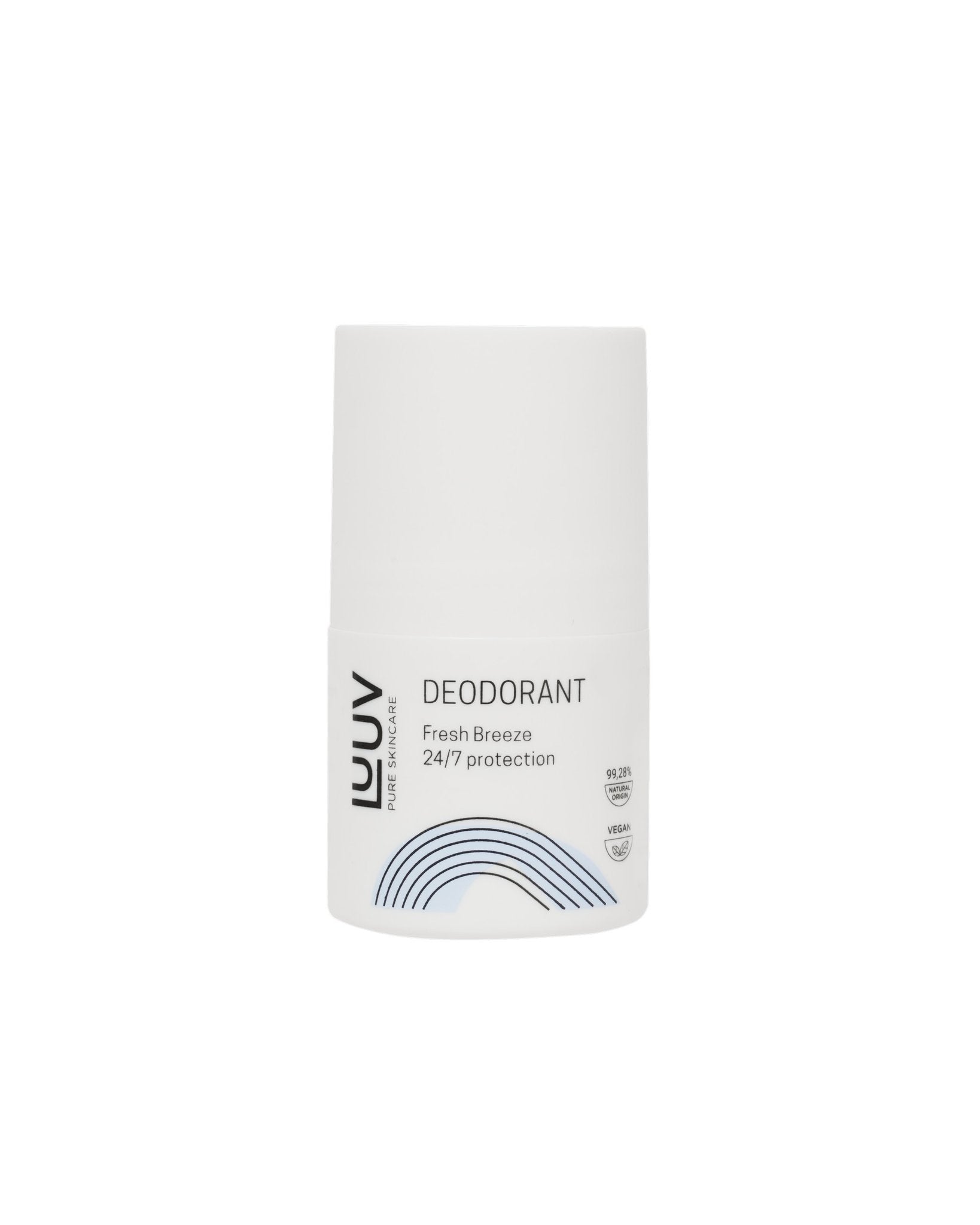 2. Studio shot of LUUV Fresh deodorant with Fresh Breeze 24/7 protection label, showcasing white bottle with blue wave design on a plain white background