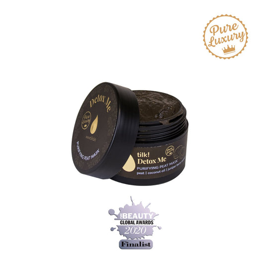 1. Tilk! Detox Me Deeply Purifying and Moisturising Face Mask with Peat, 50ml, open jar showing texture, award finalist badge