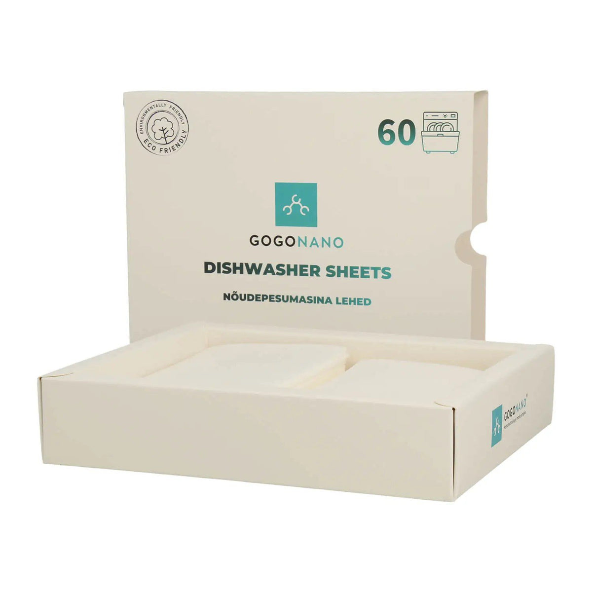 3. GoGoNano dishwasher sheets box open with sheets visible, eco-friendly design, 60 loads