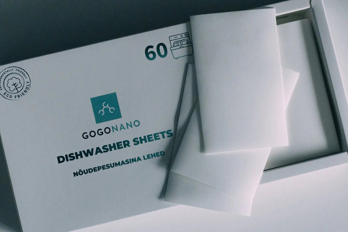 4. Close-up of GoGoNano dishwasher sheets partially removed from box, eco-friendly packaging, 60 loads