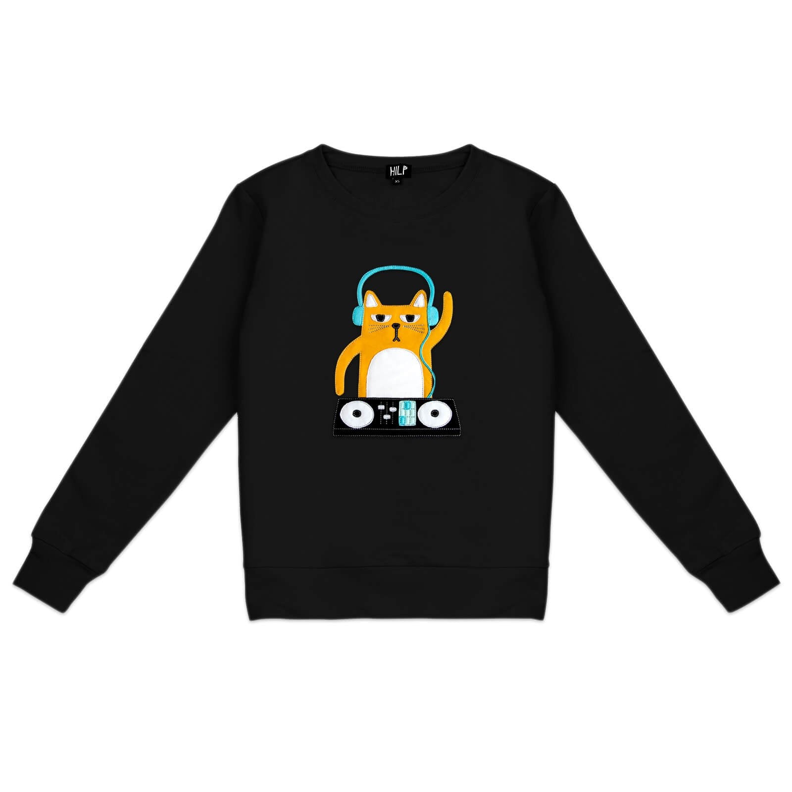 2. Women's DJ Cat Sweatshirt in classic black by HILP, showcasing fun cat design with headphones and DJ equipment, studio shot