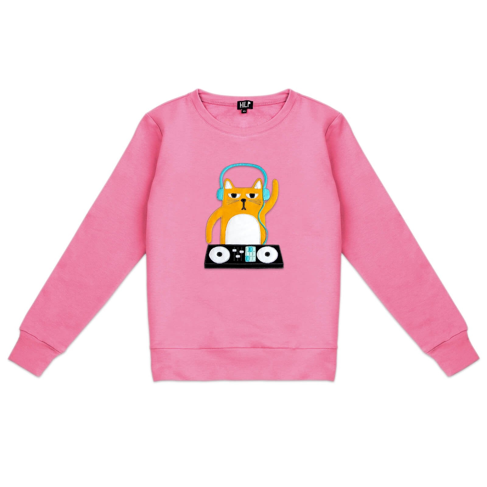 1. Women's DJ Cat Sweatshirt in vibrant pink by HILP, featuring playful cat graphic with headphones and DJ set, studio shot