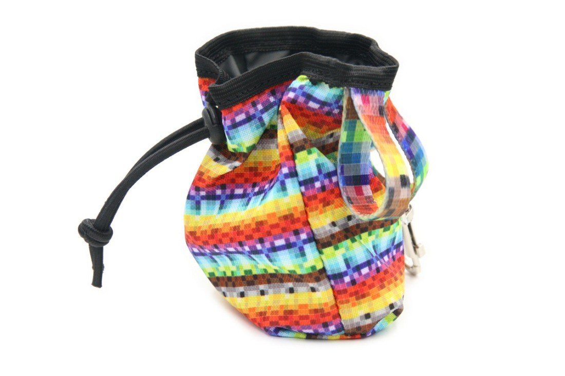 1. Colorful dog treat bag with pixelated pattern, featuring drawstring closure and side strap, made of durable oxford fabric by Matteo
