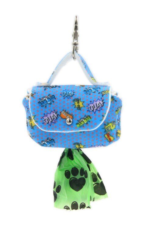 4. Front view of blue graffiti dog waste bag dispenser with comic motifs, green bag visible through metal eyelet.