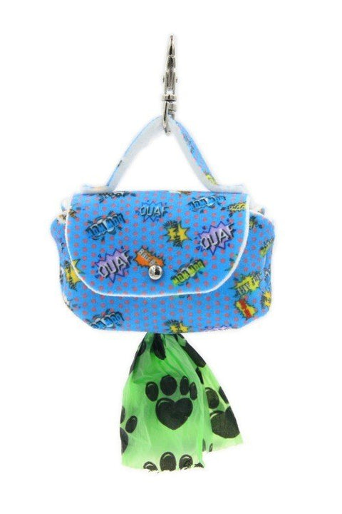 4. Front view of blue graffiti dog waste bag dispenser with comic motifs, green bag visible through metal eyelet.