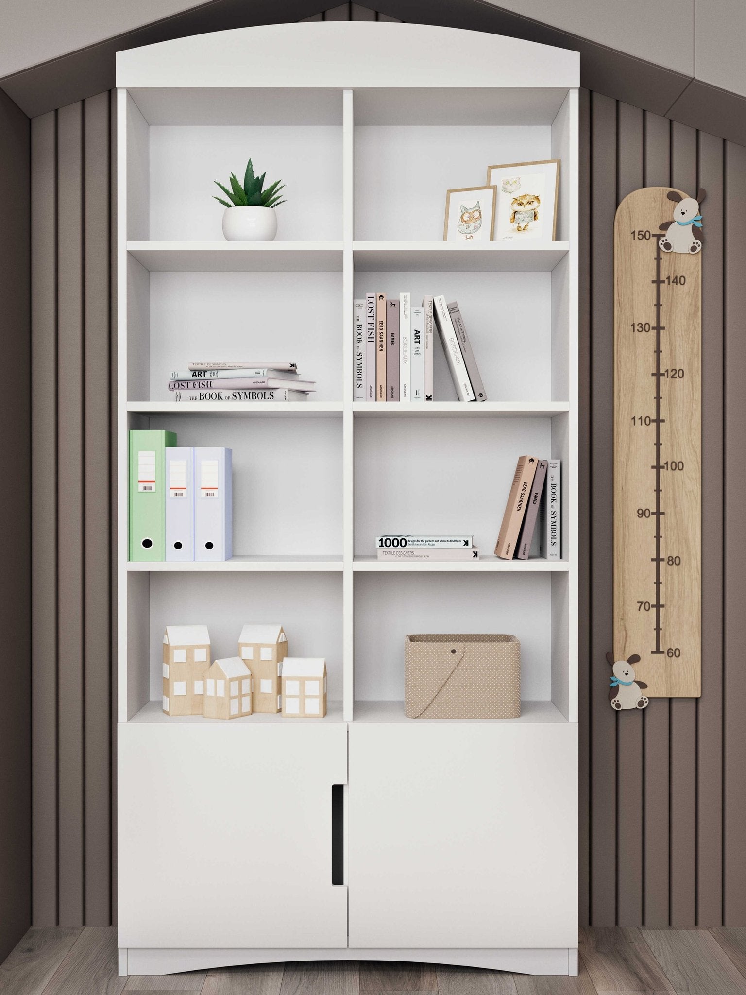 1. White Kocot Kids Julia double bookshelf in a cozy children's room with books, plants, and toys on shelves