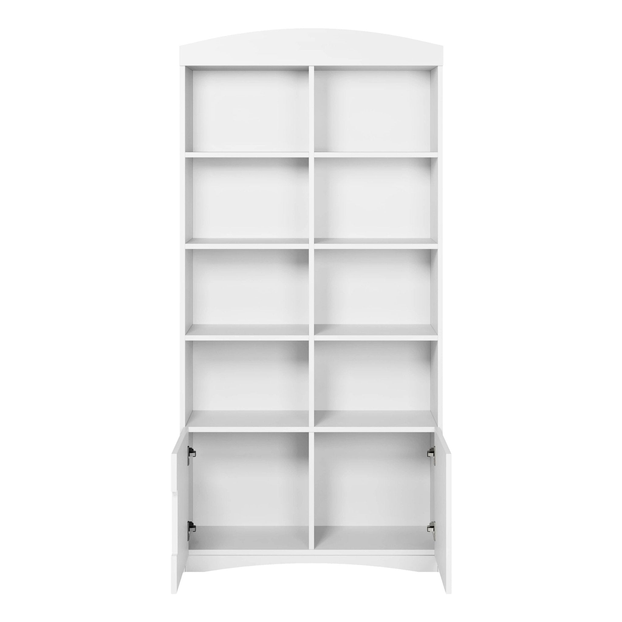 2. Front view of white Kocot Kids Julia double bookshelf with open lower doors, studio setting