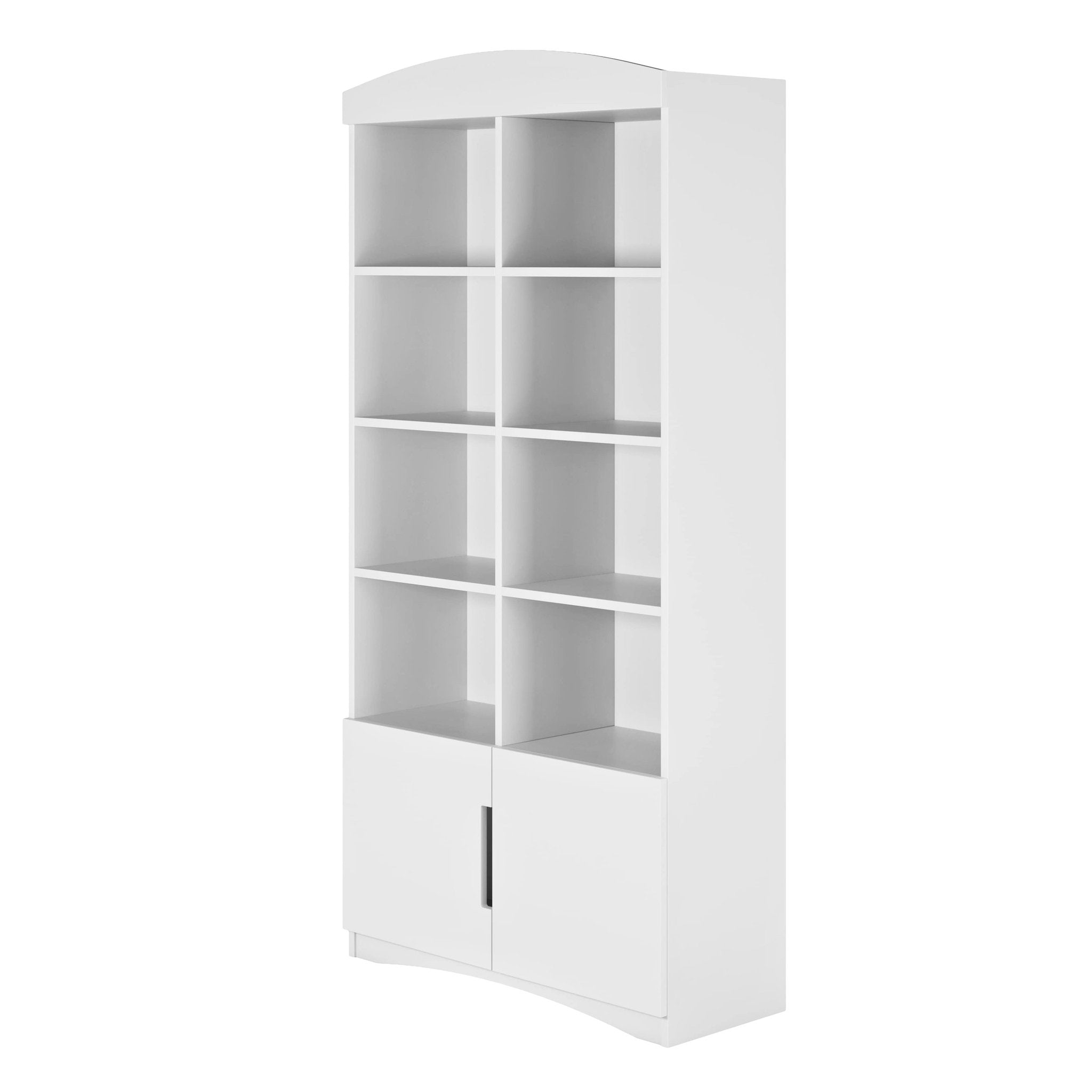 2. Angled view of white Kocot Kids Julia double bookshelf with eight open shelves and one closed shelf, studio setting