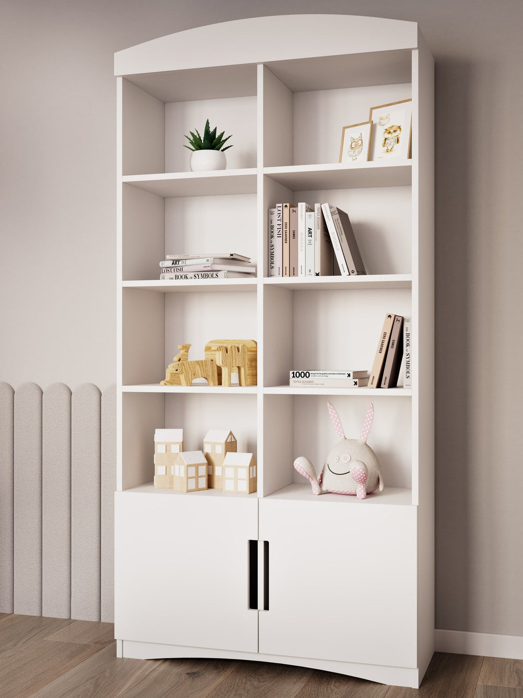 1. White double bookshelf in children's room with books, toys, and decor, against a neutral wall
