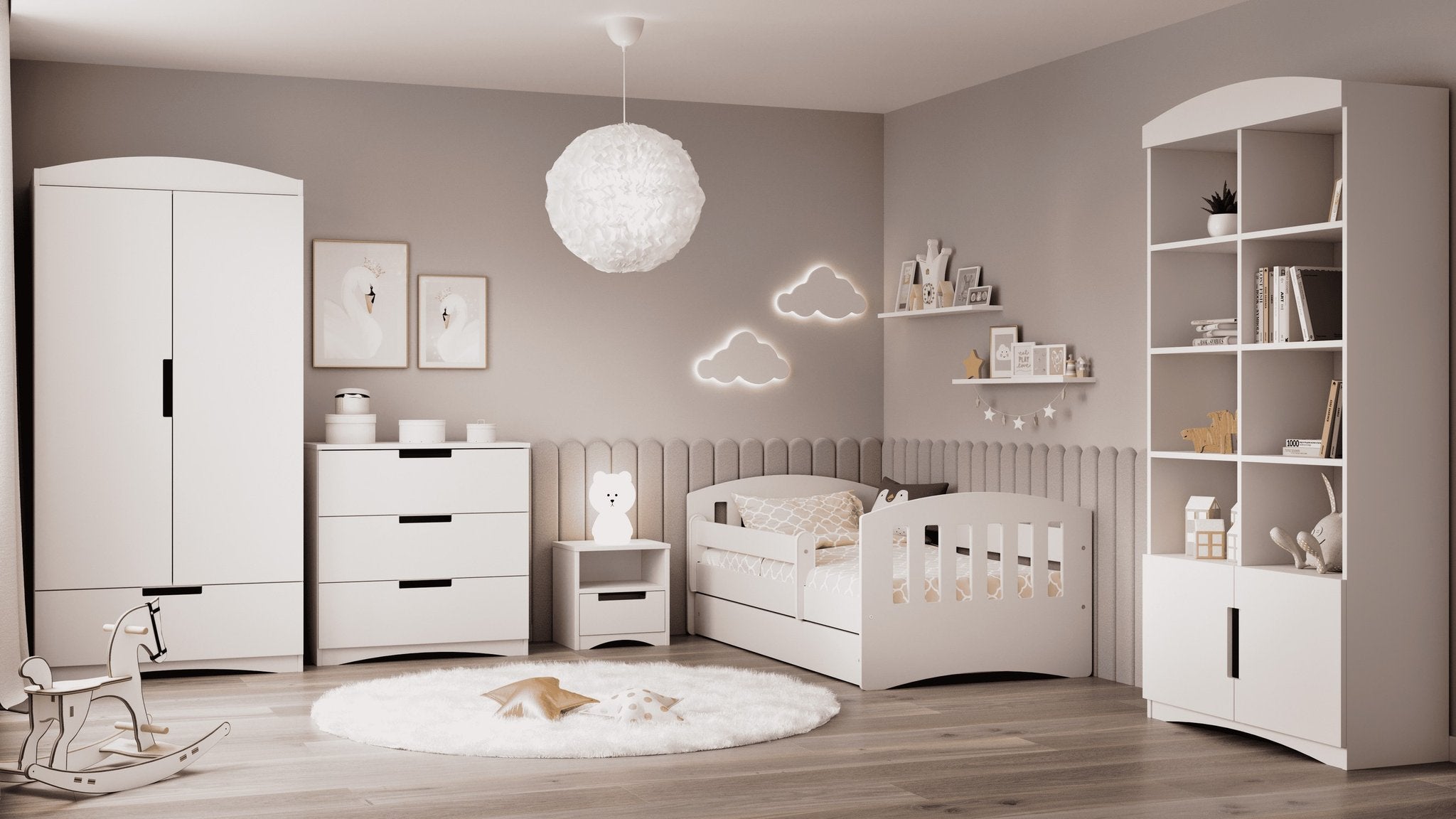 1. White Kocot Kids Julia double bookshelf in a modern children's room with matching furniture and decor