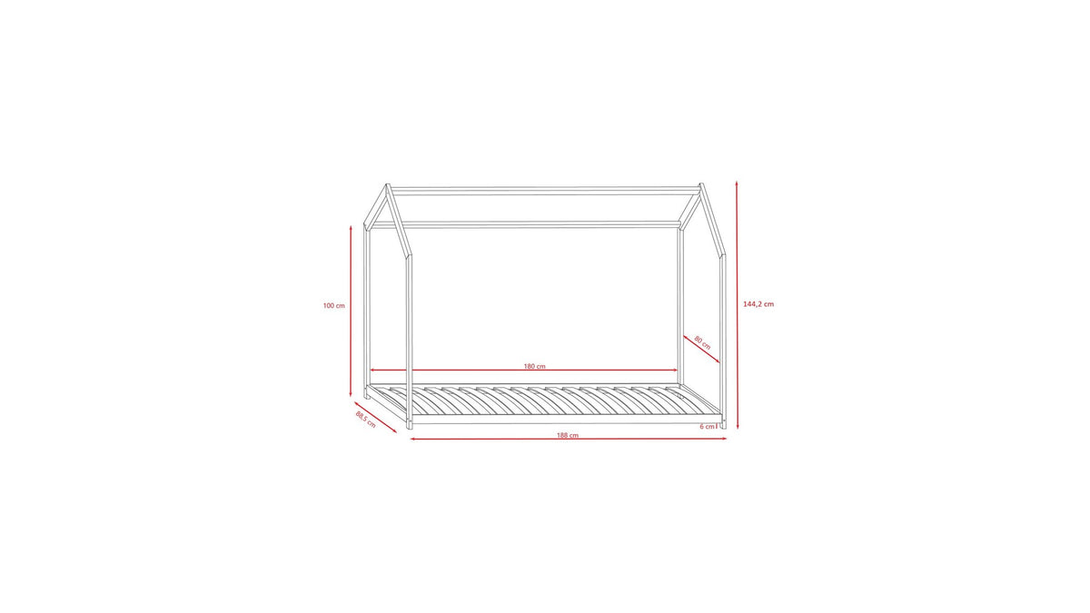 5. Size chart for house-shaped children's bed showing dimensions in centimeters