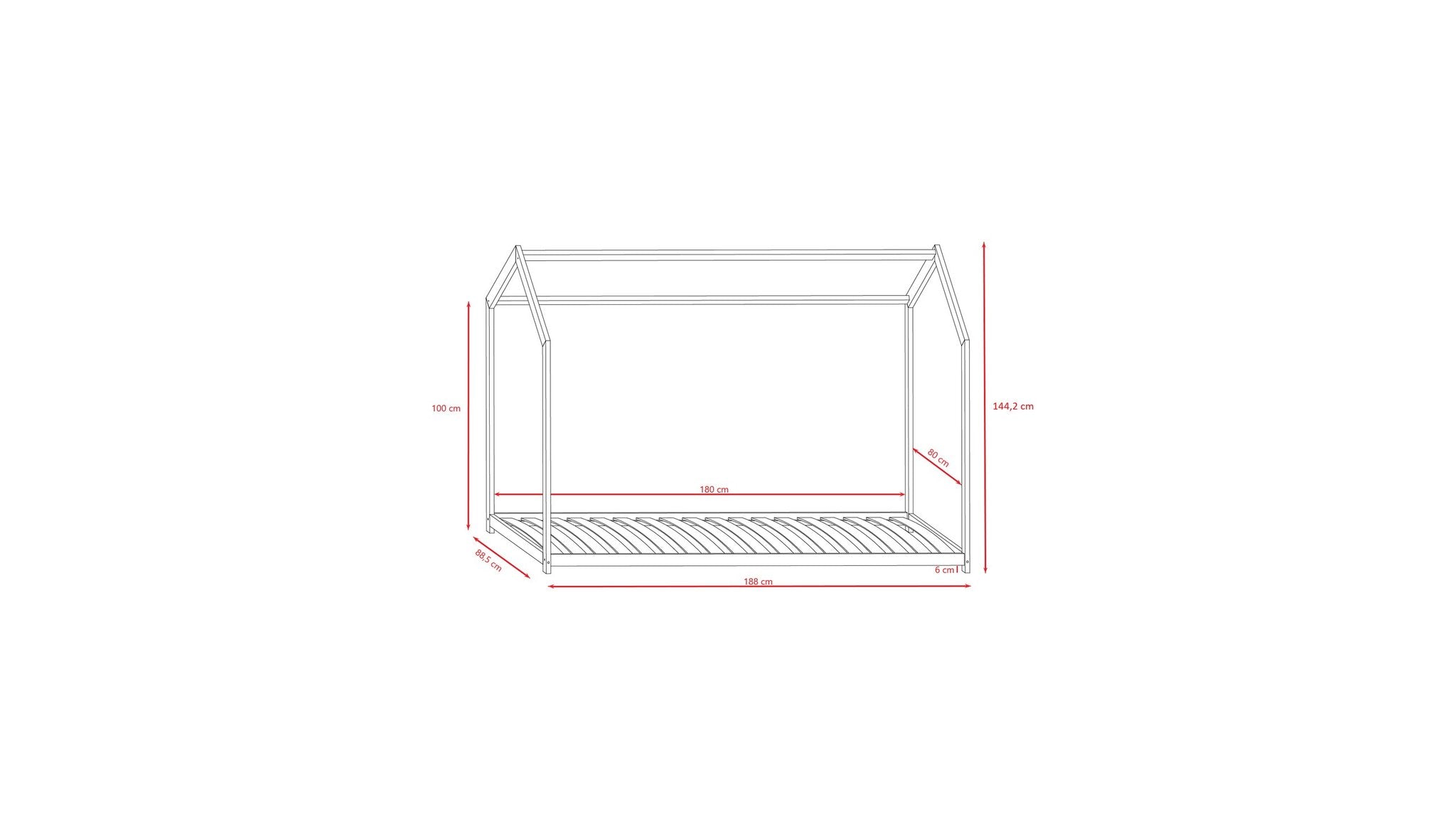 5. Size chart for house-shaped children's bed showing dimensions in centimeters
