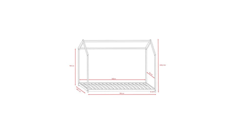 5. Size chart for house-shaped children's bed showing dimensions in centimeters