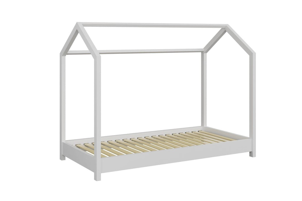 2. White house-shaped children's bed made from FSC-certified pine wood with birch slats, shown in a studio setting