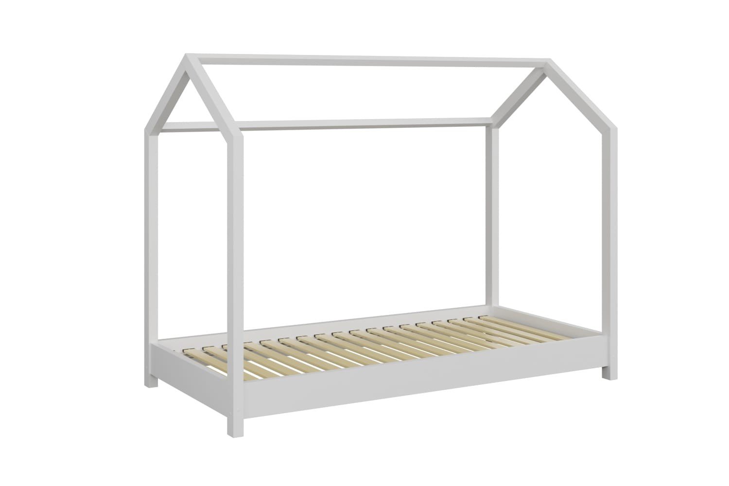 2. White house-shaped children's bed made from FSC-certified pine wood with birch slats, shown in a studio setting