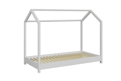 2. White house-shaped children's bed made from FSC-certified pine wood with birch slats, shown in a studio setting
