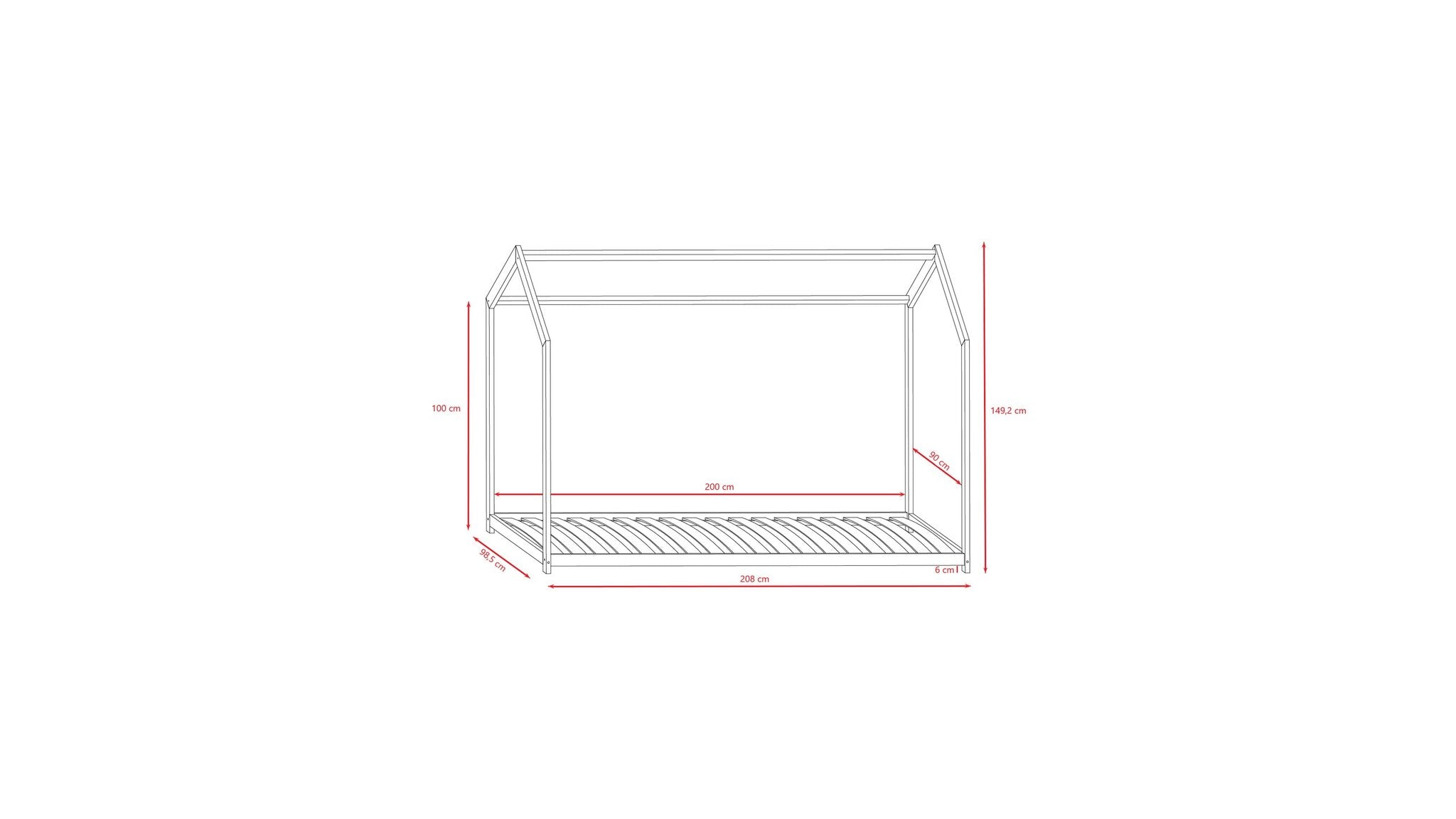 5. Size chart for Kocot Kids Bella house bed showing dimensions in centimeters