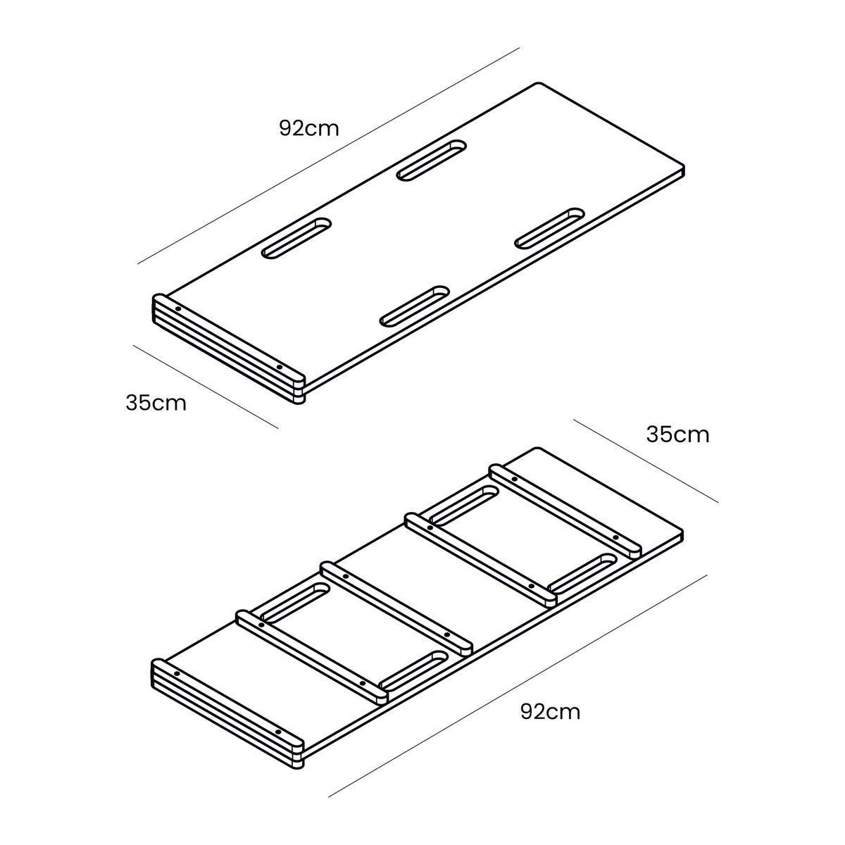5. Size chart for wooden slide attachment showing dimensions in centimeters