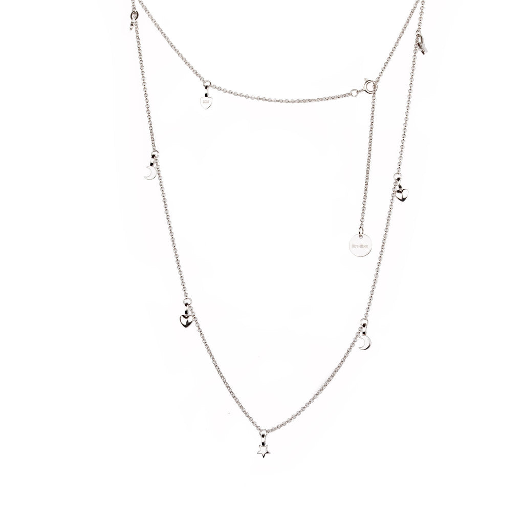 2. Studio image of MyaMoon Dreamer Choker in 925 silver with rhodium and rose gold plating, featuring adjustable chain and charm details