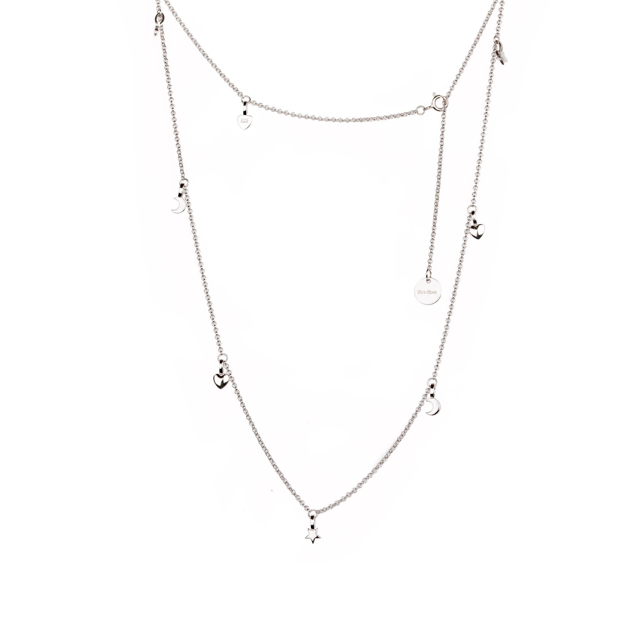 2. Studio image of MyaMoon Dreamer Choker in 925 silver with rhodium and rose gold plating, featuring adjustable chain and charm details