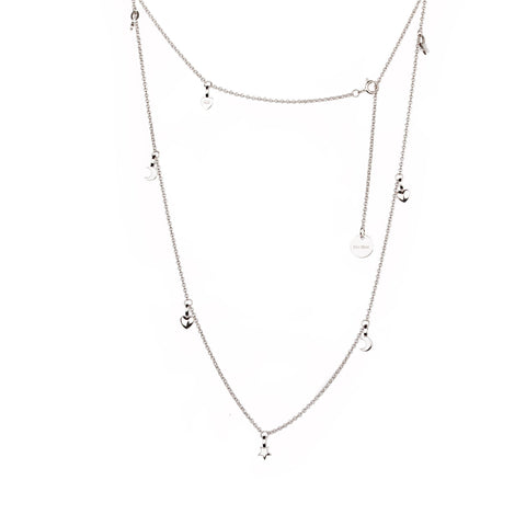 2. Studio image of MyaMoon Dreamer Choker in 925 silver with rhodium and rose gold plating, featuring adjustable chain and charm details