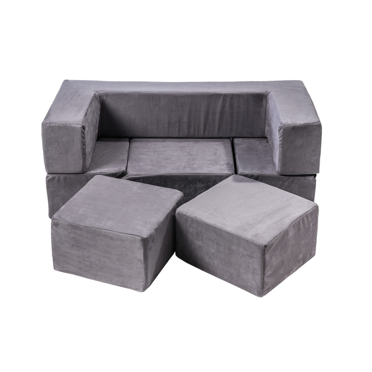 3. Grey MeowBaby velvet bricks set arranged as a sofa with two detached blocks