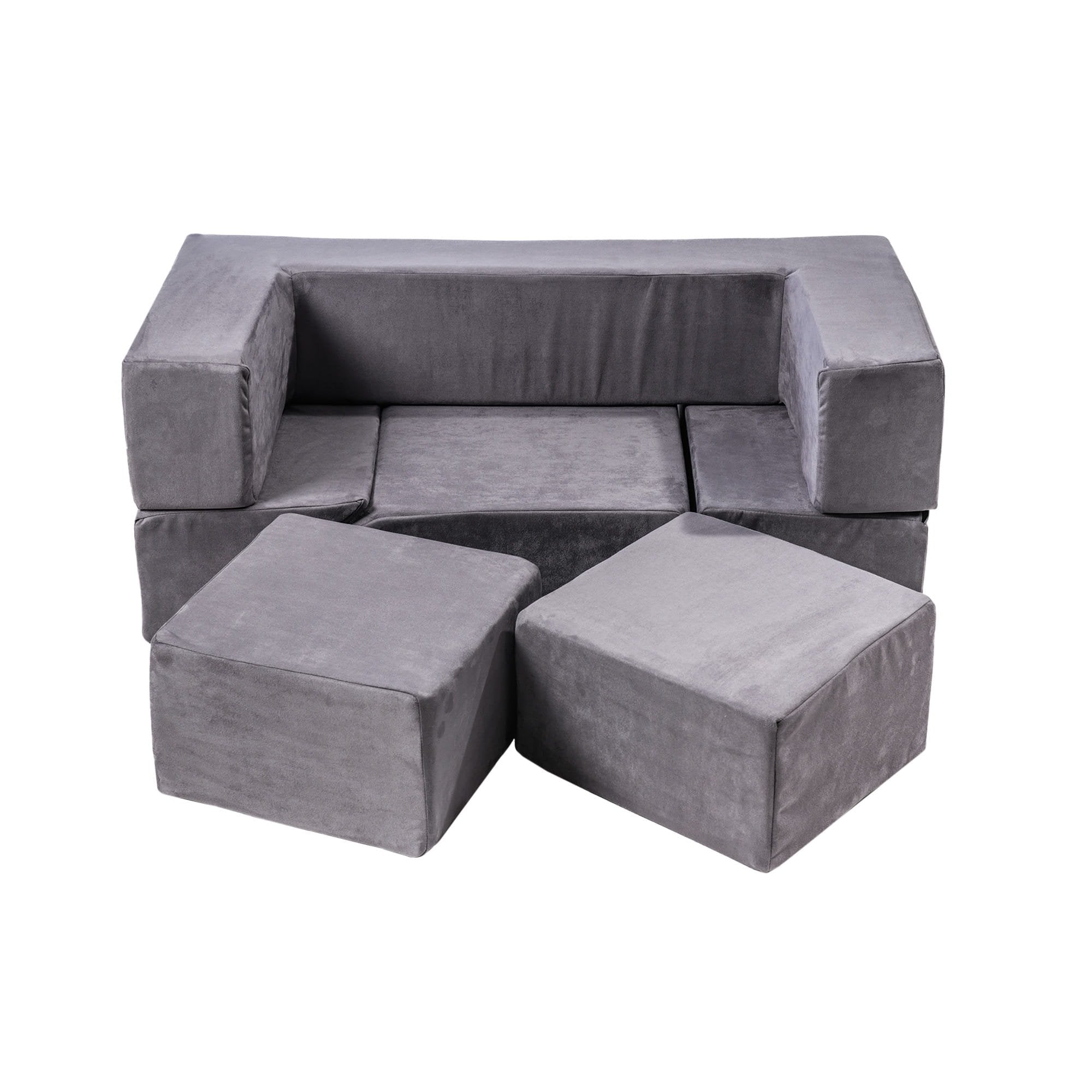 3. Grey MeowBaby velvet bricks set arranged as a sofa with two detached blocks