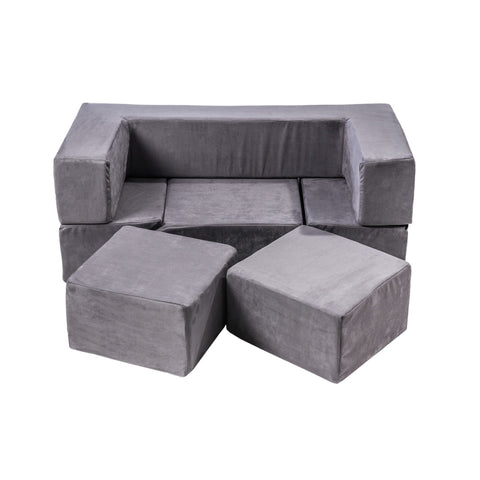 3. Grey MeowBaby velvet bricks set arranged as a sofa with two detached blocks