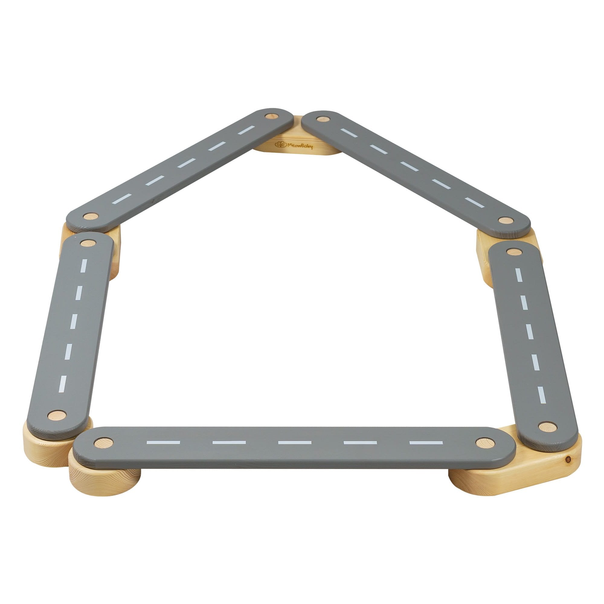 8. Wooden balance beam with grey surface featuring road design, arranged in a pentagon shape