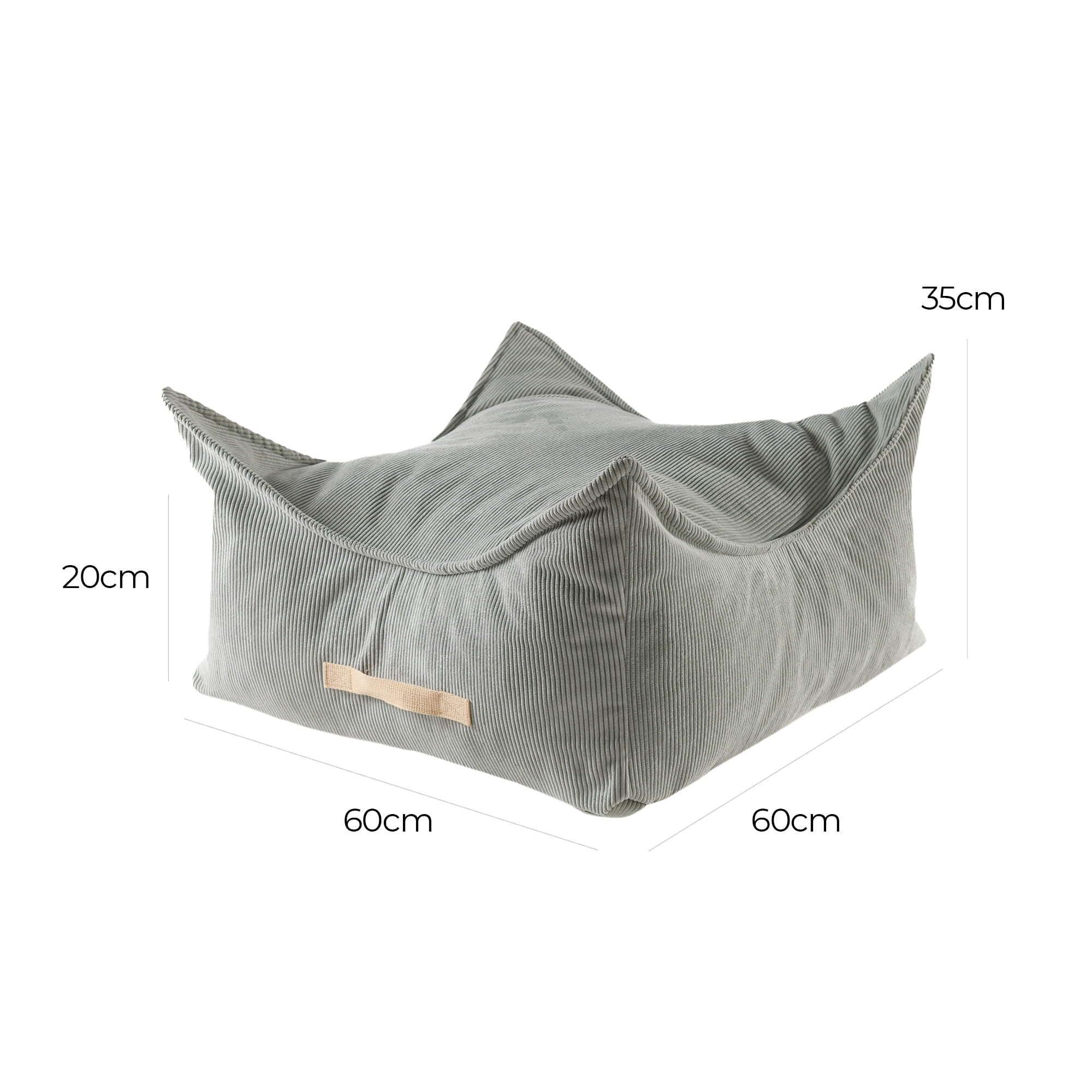 2. Grey MeowBaby square pouf with dimensions 60cm x 60cm x 35cm, highlighting lower center design