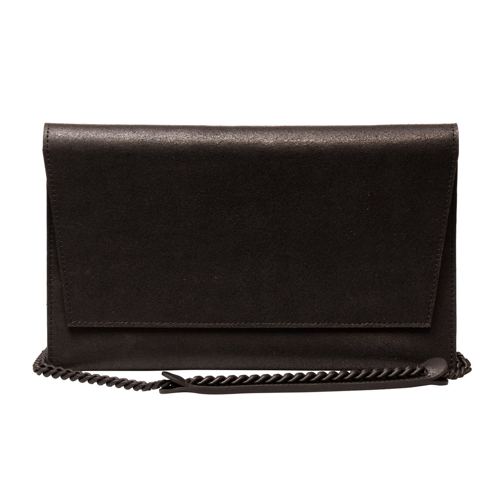 9. Studio image of RR black chain shoulder bag with matte finish and chain strap