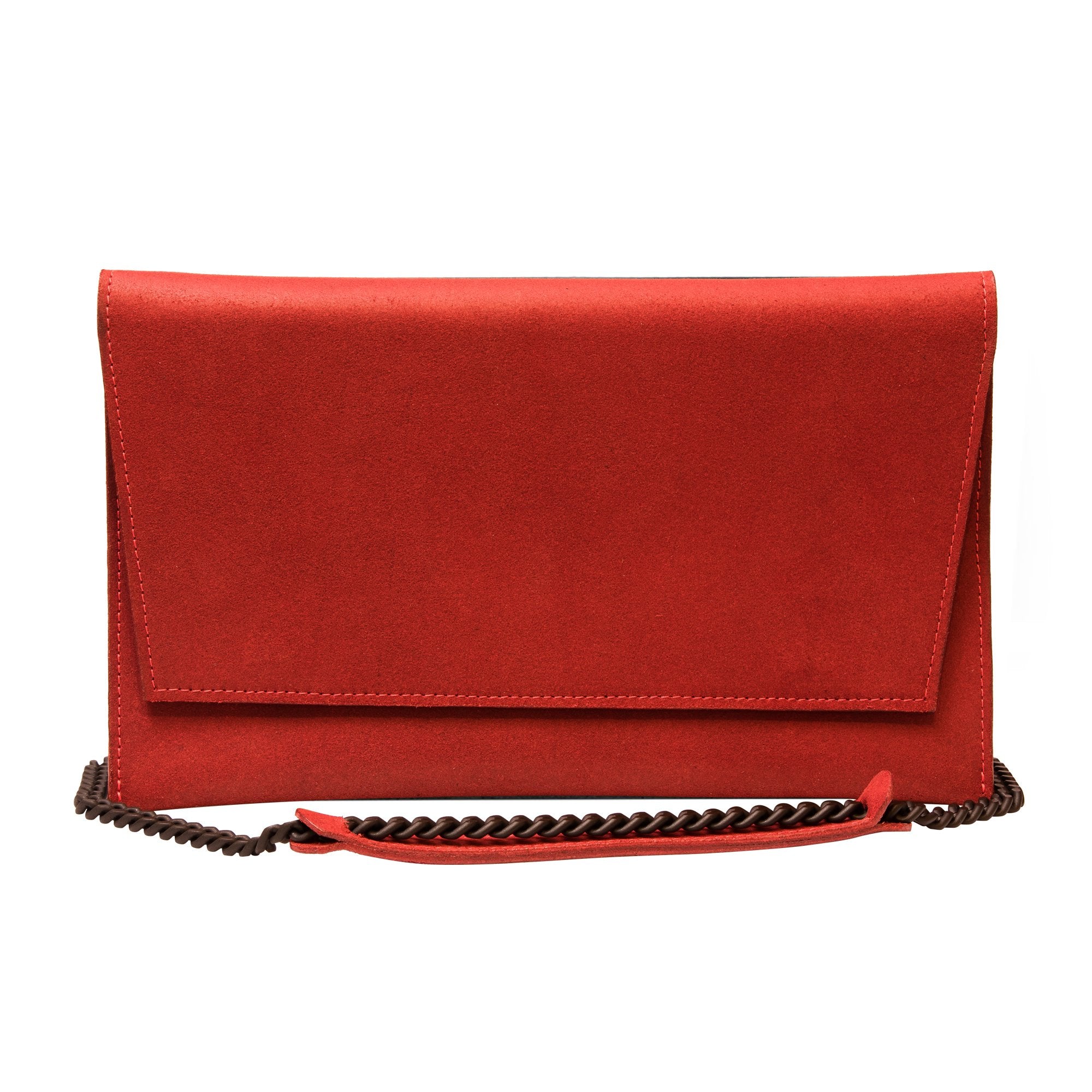 4. Studio image of RR red chain shoulder bag with black matte finish alloy chain strap