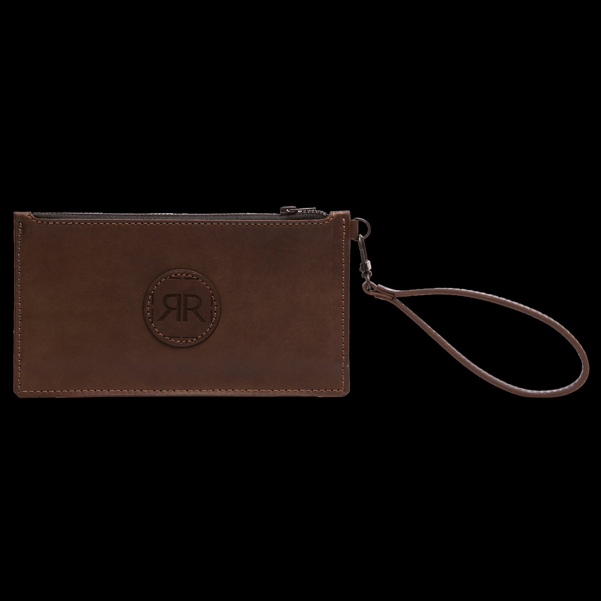 3. Studio image of dark brown RR leather wristlet wallet with detachable strap and logo detail