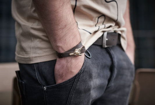 1. Men's Wolf Leather Bracelet by RR in bronze matte, worn casually with jeans