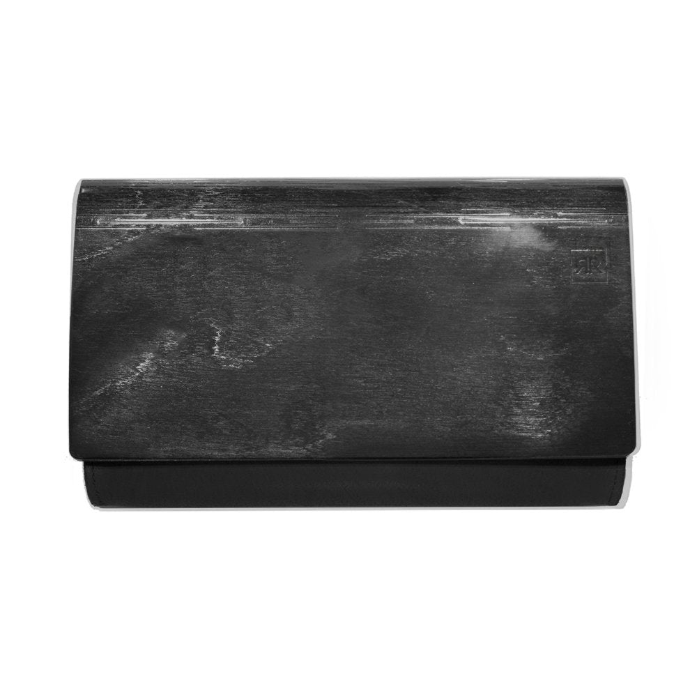 5. Studio shot of large glossy wood clutch by RR, front view highlighting birch wood panels
