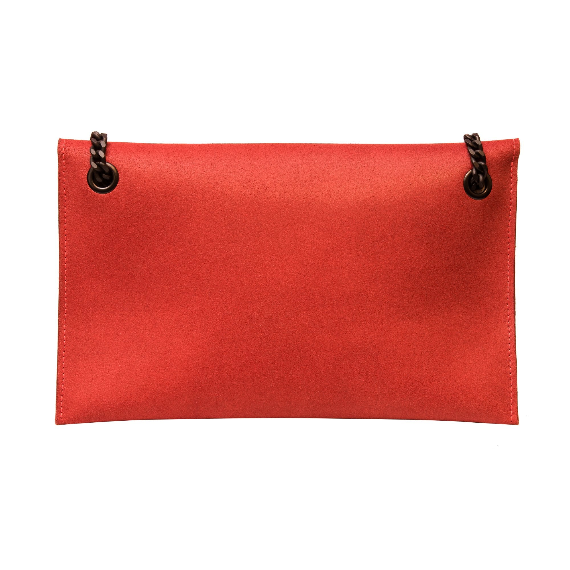 6. Back view of RR red chain shoulder bag showing black matte finish alloy chain strap