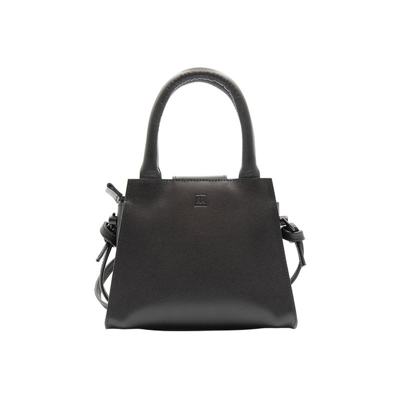 4. Back view of RR mini leather handbag showing embossed logo and painted edges