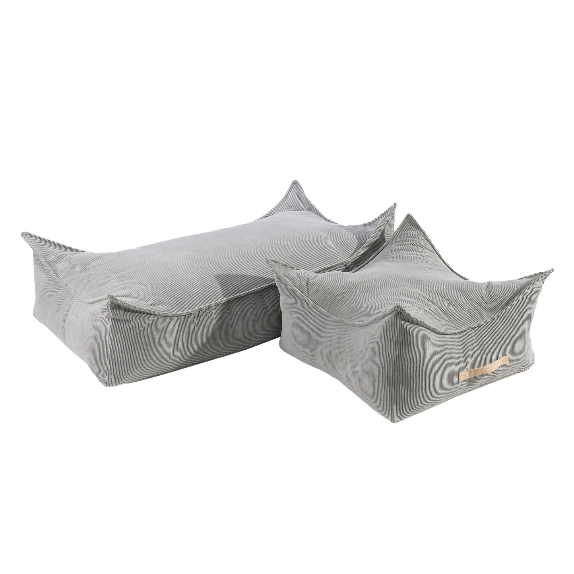 2. Two grey corduroy poufs for children by MeowBaby, one large and one small, displayed together