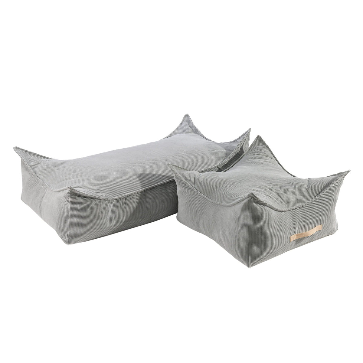 3. Two grey corduroy poufs by MeowBaby, one square and one rectangular, shown in a studio setting