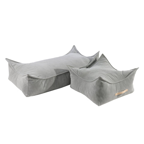 3. Two grey corduroy poufs by MeowBaby, one square and one rectangular, shown in a studio setting