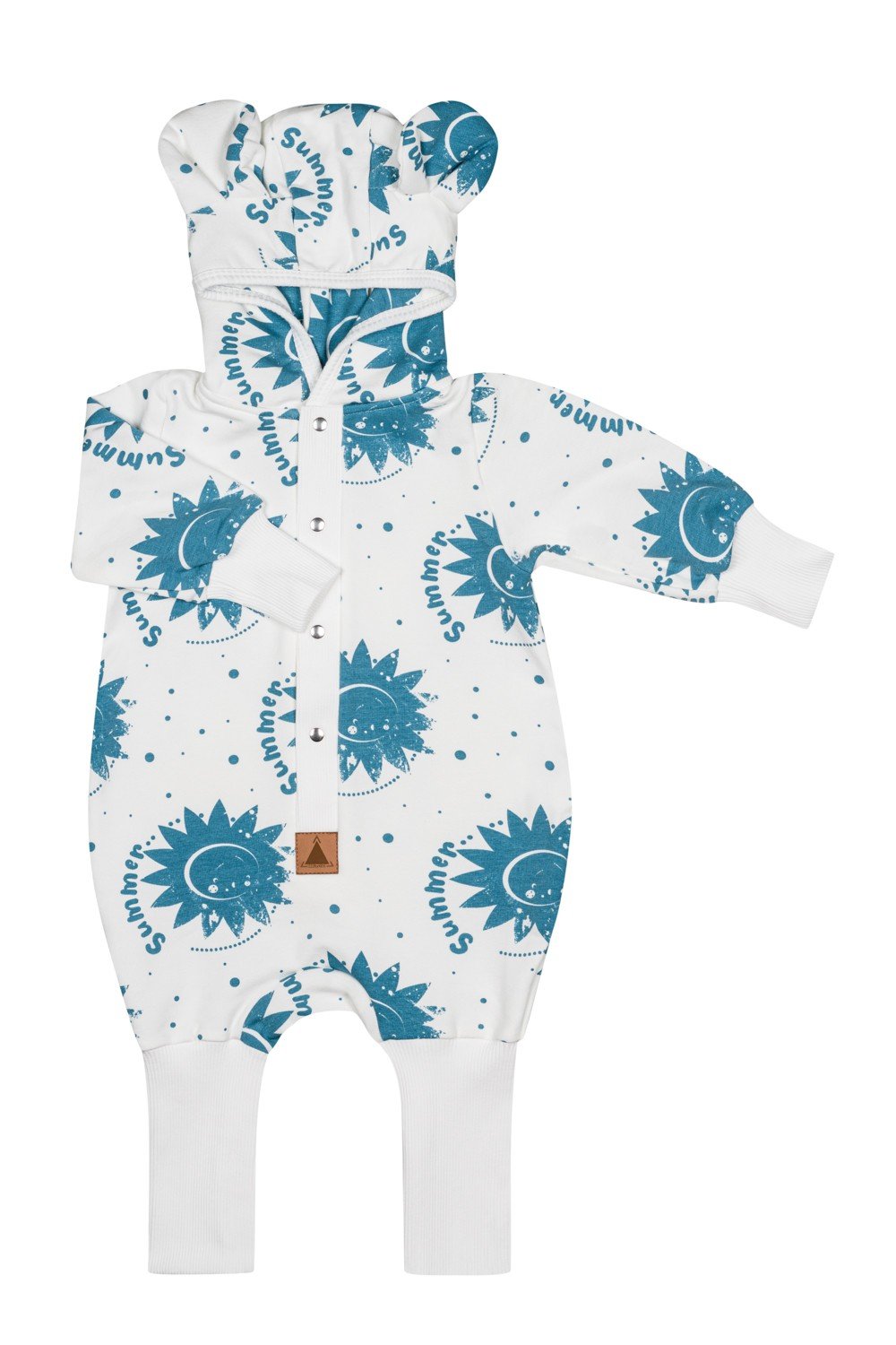 3. Ecru jumpsuit with blue sun print and hood with ears, shown flat with foldable cuffs and leg hems