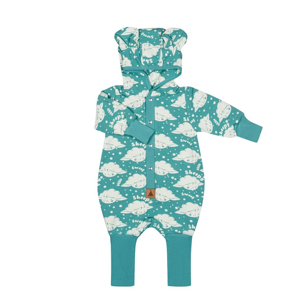1. Mint green eared jumpsuit for babies and kids with white sheep print, featuring a hood with rounded ears, foldable cuffs, and leg hems, made from soft cotton and elastane, shown flat on a white background