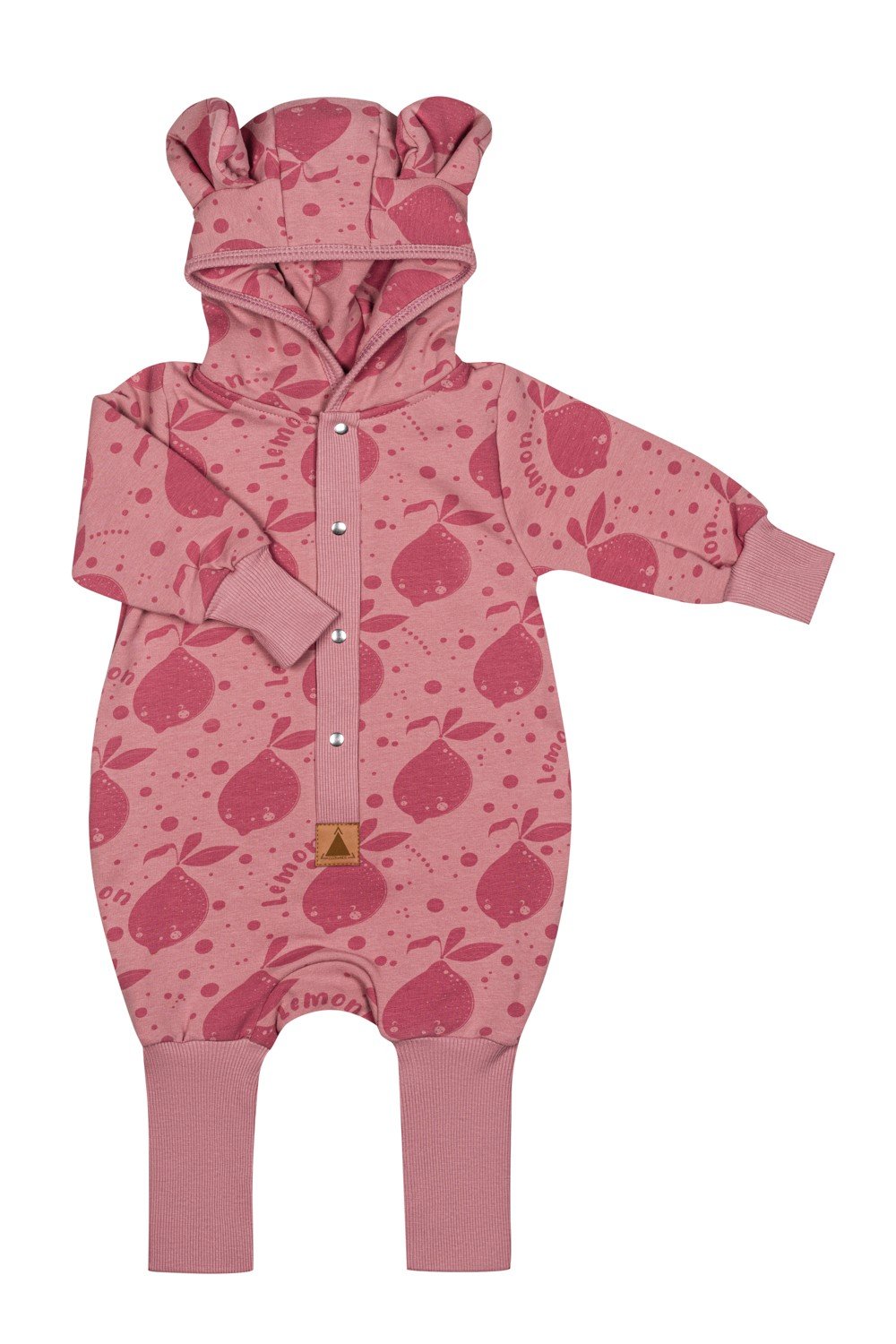 2. Pink eared jumpsuit with lemon print laid flat showing front design and hood